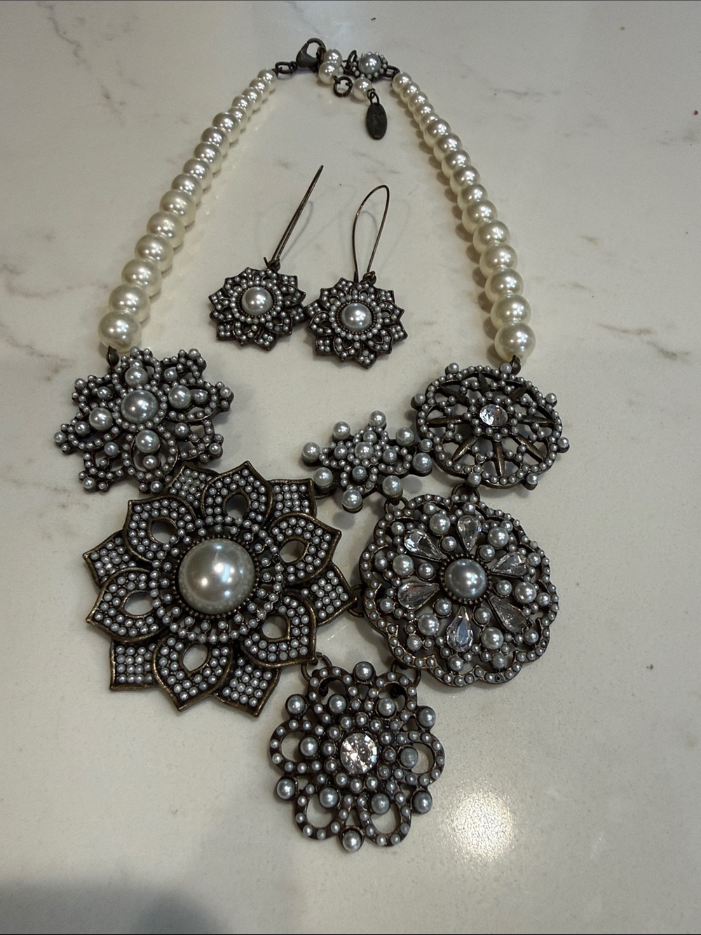 Statement Pearl and Gunmetal Floral Necklace/Earring Set - Women's Jewelry